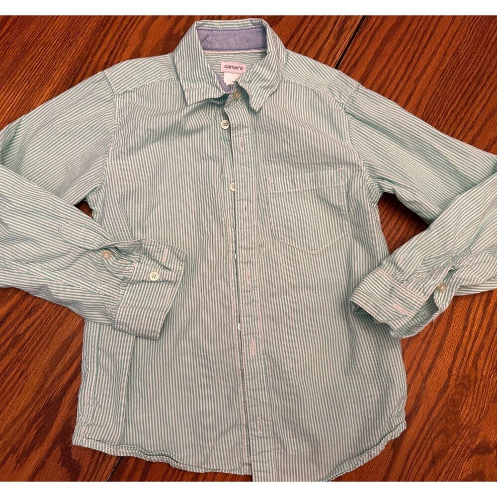 Carter's Green and White Vertical Striped Collared Button down dress shirt